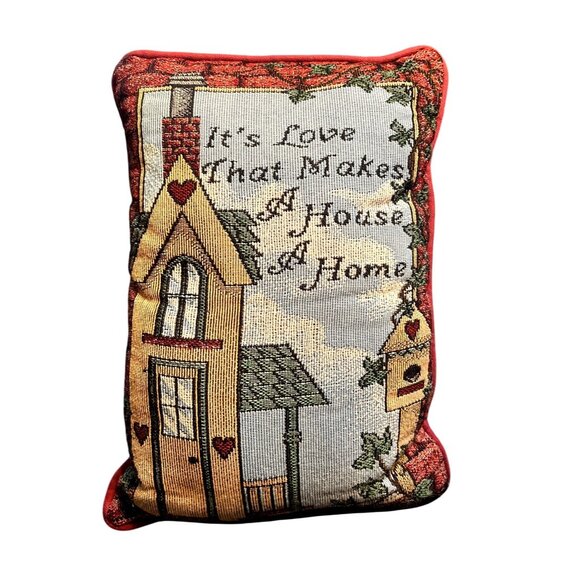 Decorative Tapestry Throw Pillow With House Design & Quote "Its Love That Makes - Picture 1 of 5